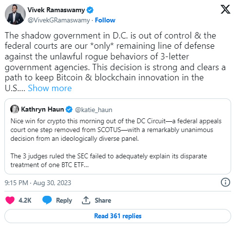 خرسندی نامزد ریاست جمهوری آمریکا از پیروزی گریاسکیل بر SEC