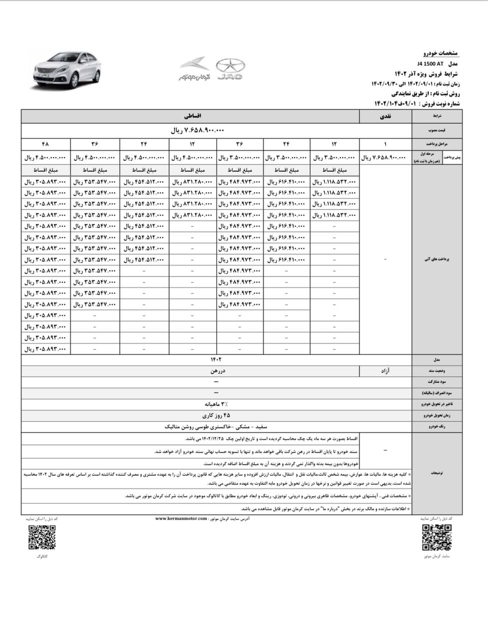 آغاز فروش نقد و اقساطی ۲ خودرو جک J۴ و کی ام سیT۸ از سوی کرمان موتور ویژه آذر ۱۴۰۲