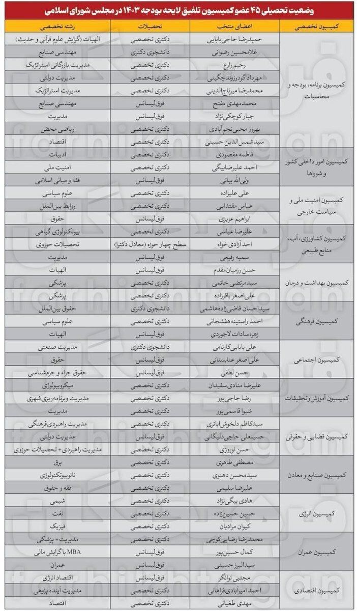 مدرک تحصیلی عجیب اعضای کمیسیون بودجه مجلس! + عکس