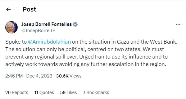 بورل: ایران از نفوذ خود برای جلوگیری از تشدید تنشها در منطقه استفاده کند