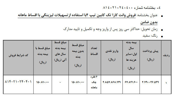 نحوه فروش وانت کارا به روش لیزینگ اعلام شد