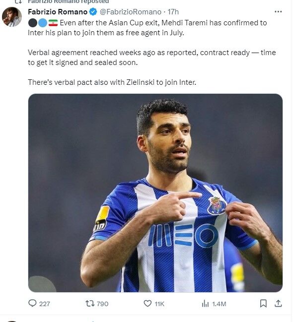 Iran’s Taremi to join Italy’s Inter Milan soon: Italian sports journalist