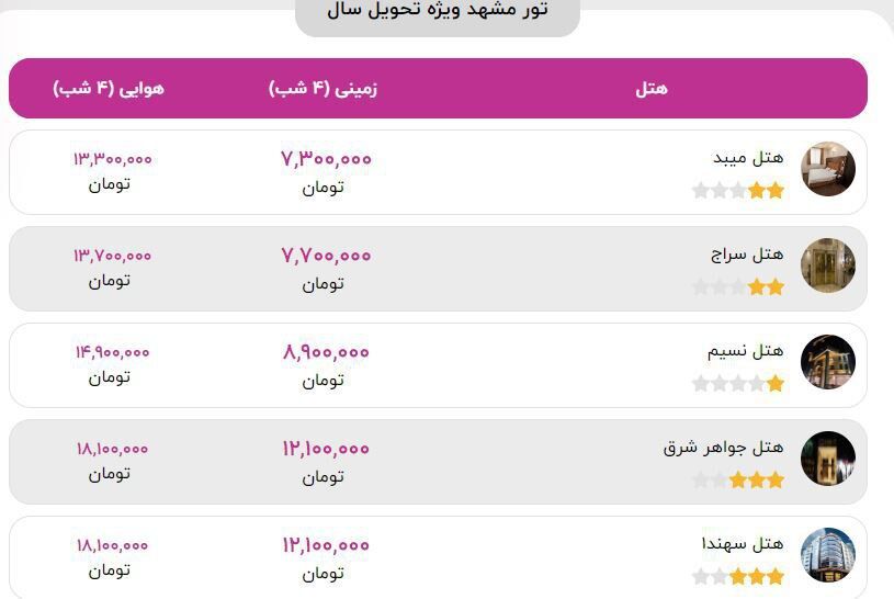 هزینه تور مشهد ویژه سال تحویل ۱۴۰۳ چقدر است؟