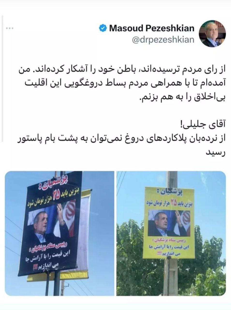 توییت جنجالی پزشکیان: آقای جلیلی از نردهبان پلاکاردهای دروغ نمیتوان به پشت بام پاستور رسید