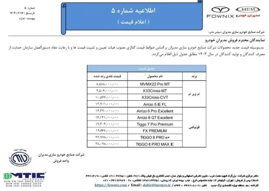 قیمت جدید ۱۰ محصول مدیران خودرو اعلام شد + جدول تیر ۱۴۰۳