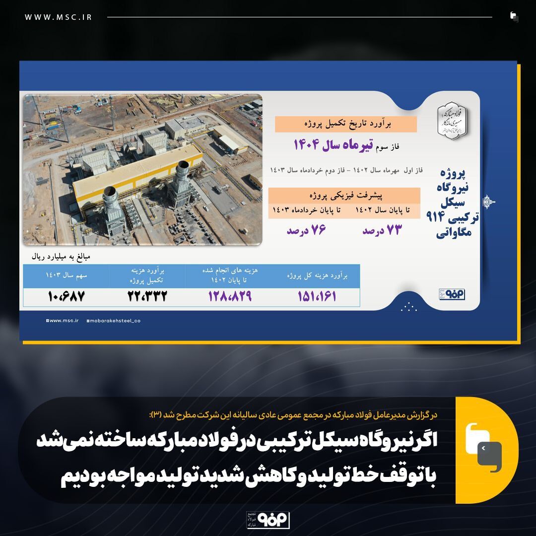 اگر نیروگاه سیکل ترکیبی در فولاد مبارکه ساخته نمیشد با توقف خط تولید و کاهش شدید تولید مواجه بودیم