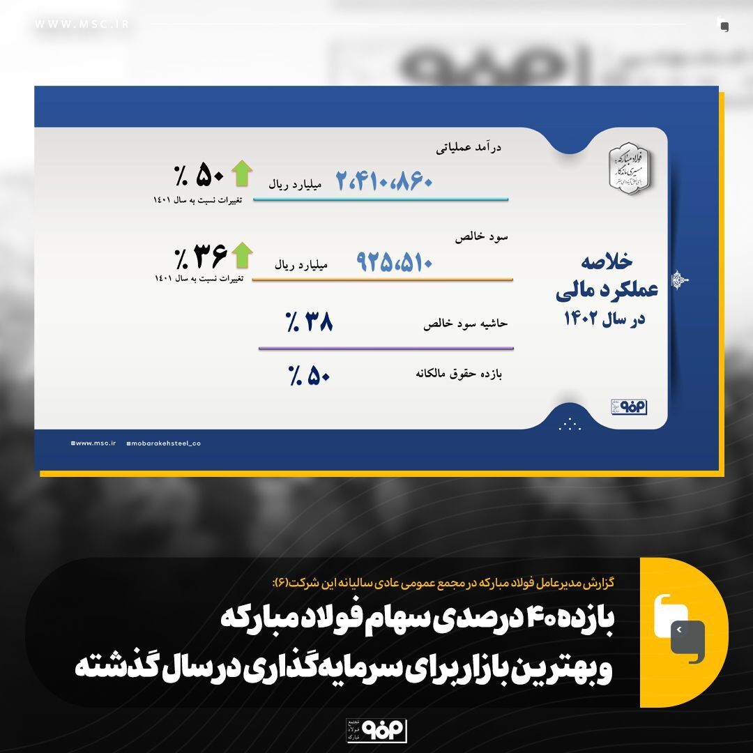 درآمد عملیاتی ۲۴۰ همتی و سود خالص ۹۲ همتی فولاد مبارکه در سال ۱۴۰۲/ بازده ۴۰ درصدی سهام این شرکت و بهترین بازار برای سرمایهگذاری در سال گذشته