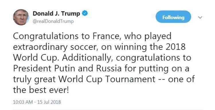  واکنش ترامپ به قهرمانی فرانسه در جام‌جهانی 