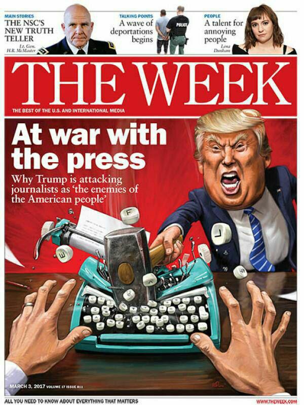 طرح جلد شماره جدید نشریه «ویک» با موضوع جنگ ترامپ با رسانه‌ها
