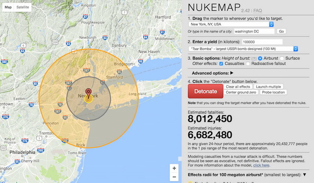 تخمین تلفات جنگ هسته‌ای با نقشه هسته‌ای گوگل