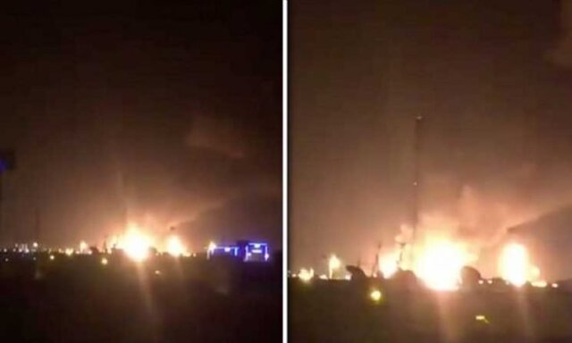 آتش سوزی در تاسیسات آرامکو سعودی بعد از حمله پهپادی +فیلم