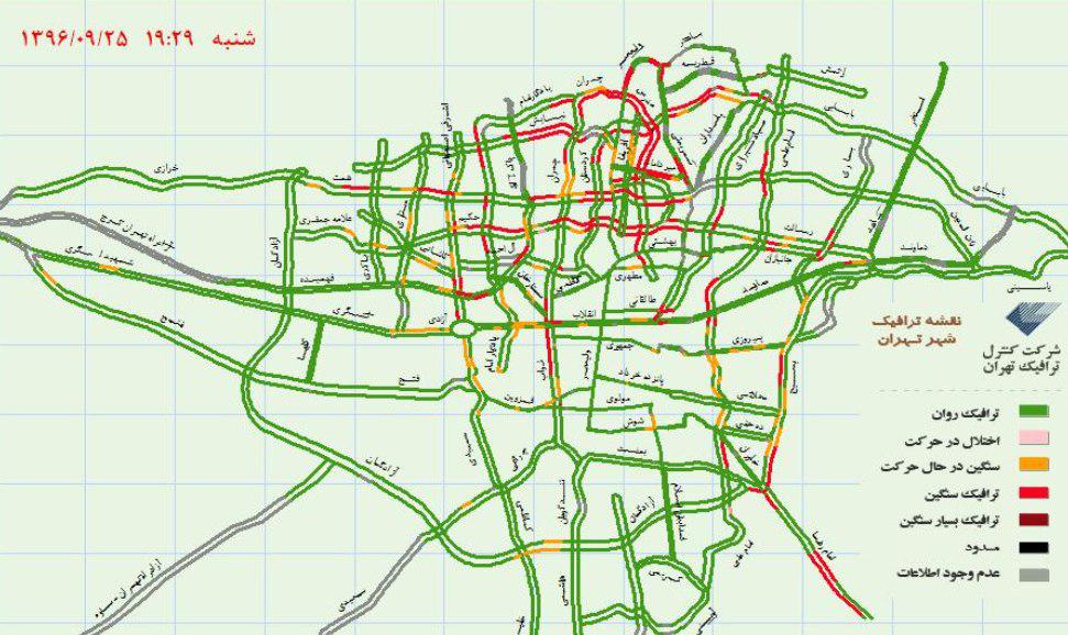 وضعیت ترافیکی خیابان‌های تهران در شامگاه شنبه +نقشه