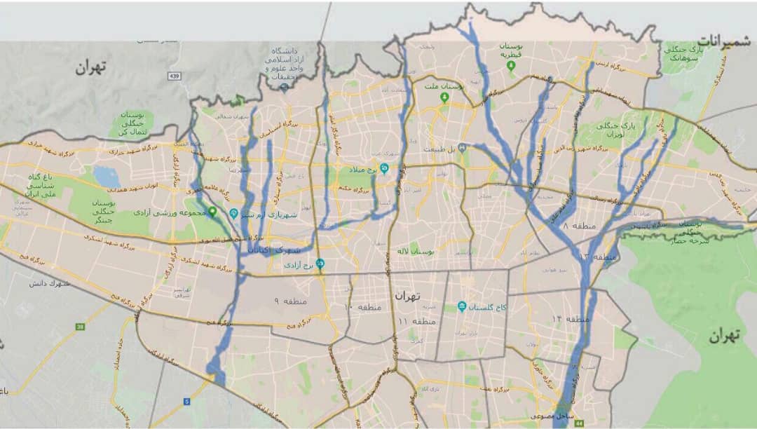 نقشه‌ محدوده سیلابی شهر تهران با دوره‌ بازگشت ۱۰۰ساله