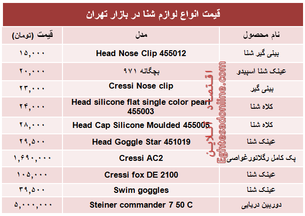 قیمت انواع لوازم شنا در بازار تهران +جدول