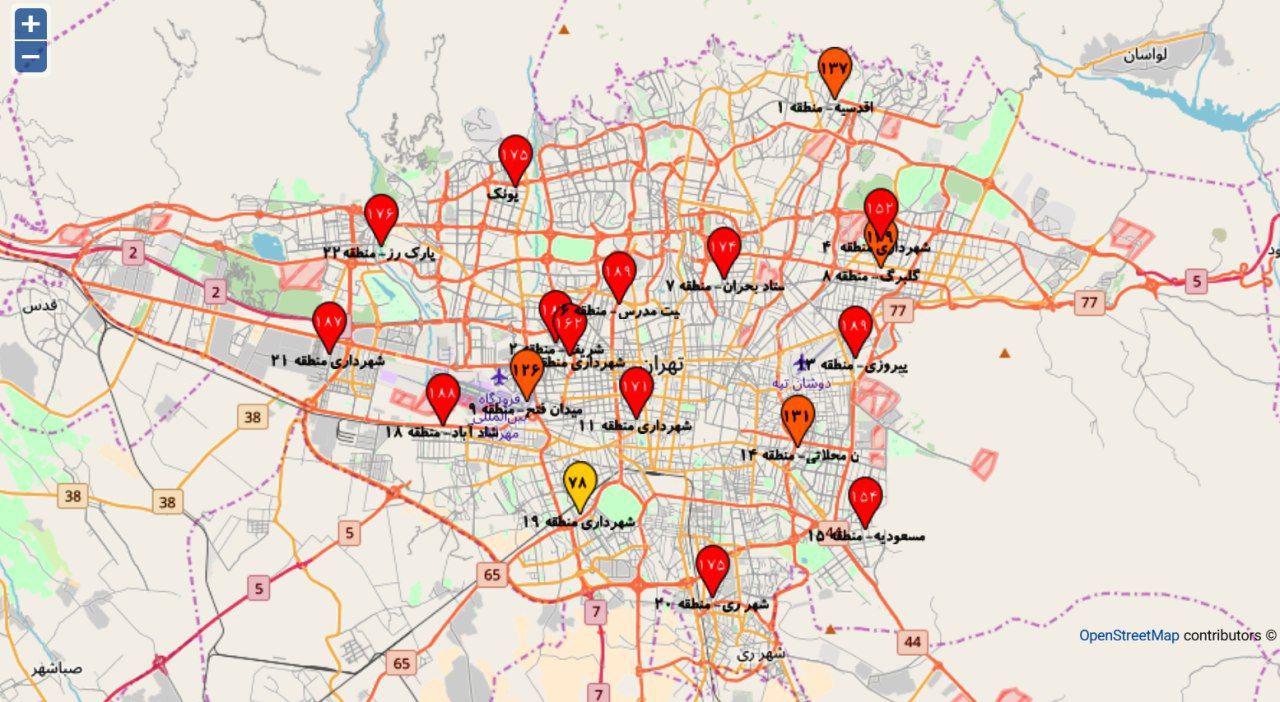 شاخص کیفیت هوای تهران در شامگاه چهارشنبه +نقشه