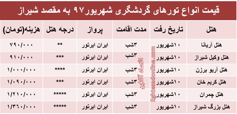 قیمت تور شیراز در شهریورماه۹۷ +جدول