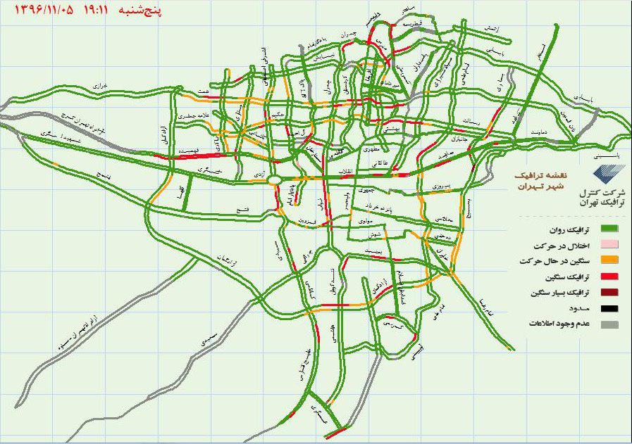 وضعیت ترافیک بزرگراه‌های تهران در شامگاه پنج شنبه +نقشه