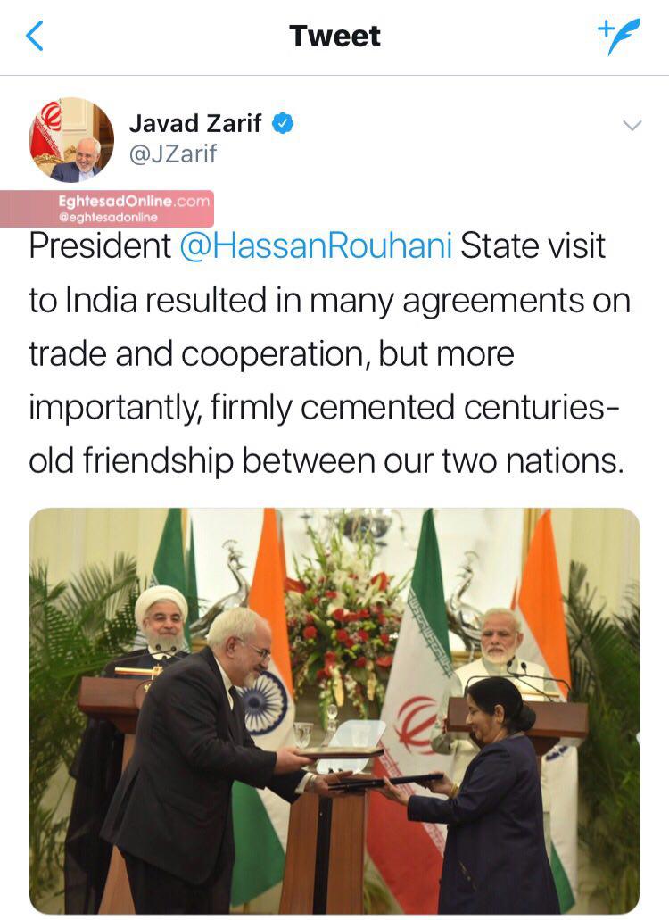 ظریف: سفر روحانی به هند به تحکیم دوستی دو کشور منجر شد