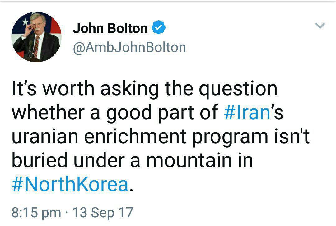بولتون: ایران در کره شمالی غنی سازی می‌کند!