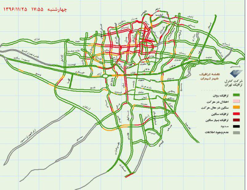 ترافیک سنگین در معابر و بزرگراه‌های تهران +نقشه