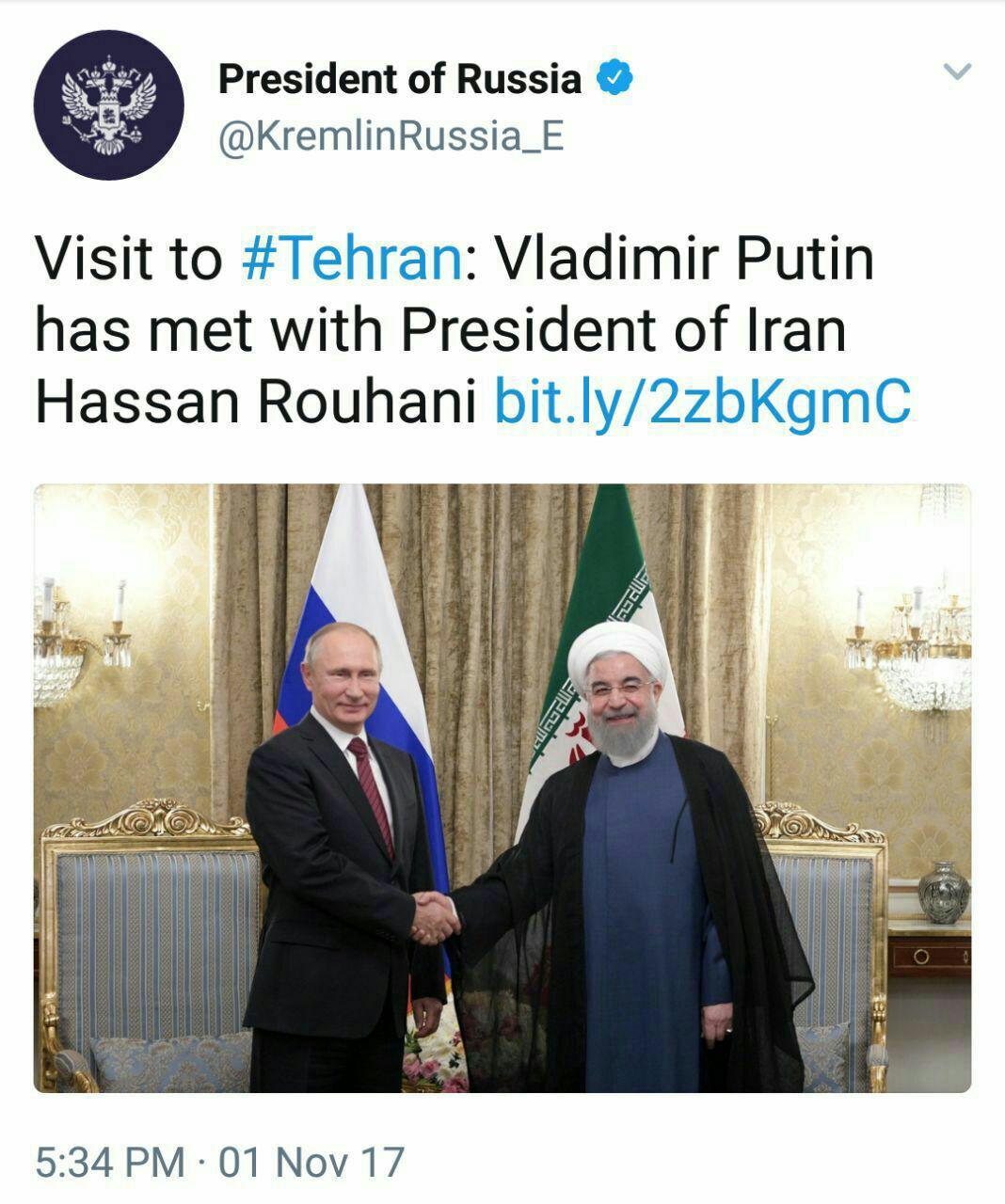 توییت ریاست‌ فدراسیون روسیه از دیدار پوتین و روحانی +عکس